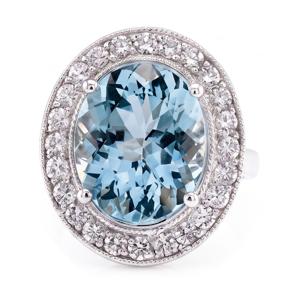 Anello a polo con acquamarina rotonda e diamanti da 11 ct in oro bianco 14K