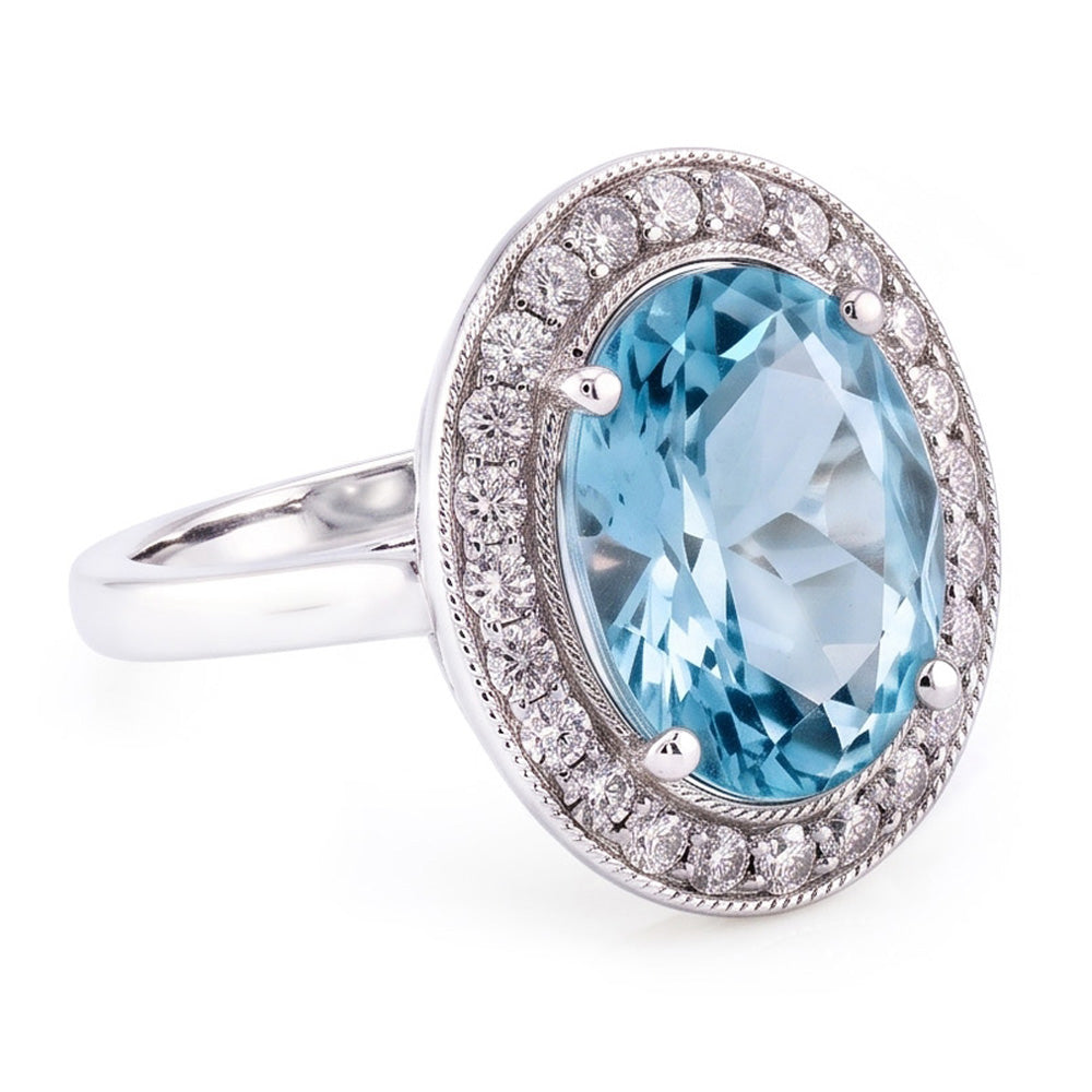 Anello a polo con acquamarina rotonda e diamanti da 11 ct in oro bianco 14K