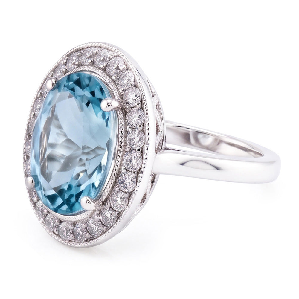 Anello a polo con acquamarina rotonda e diamanti da 11 ct in oro bianco 14K