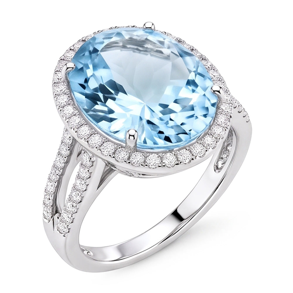 Anello a polo con acquamarina taglio rotondo 12 ct e diamanti in oro bianco