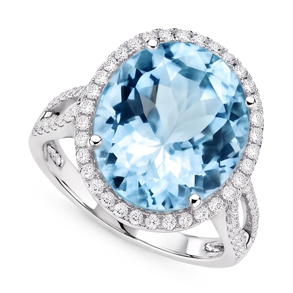 Anello a polo con acquamarina taglio rotondo 12 ct e diamanti in oro bianco
