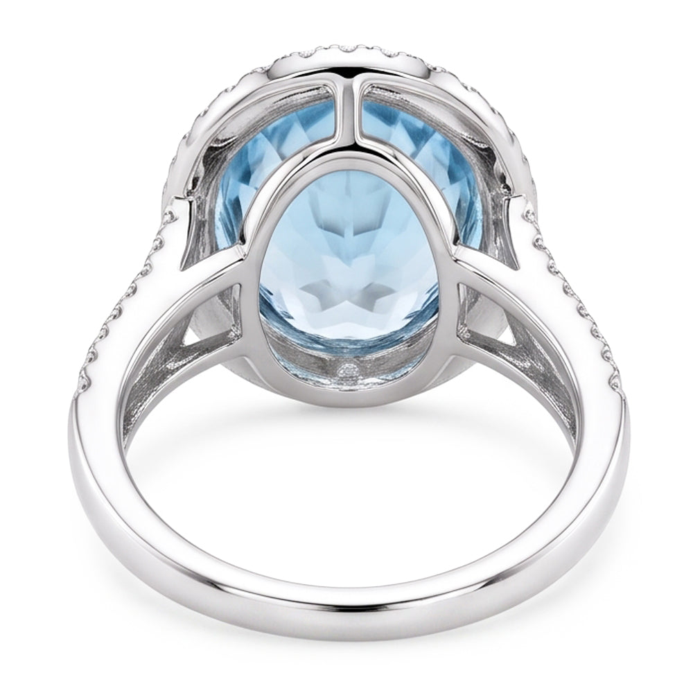 Anello a polo con acquamarina taglio rotondo 12 ct e diamanti in oro bianco