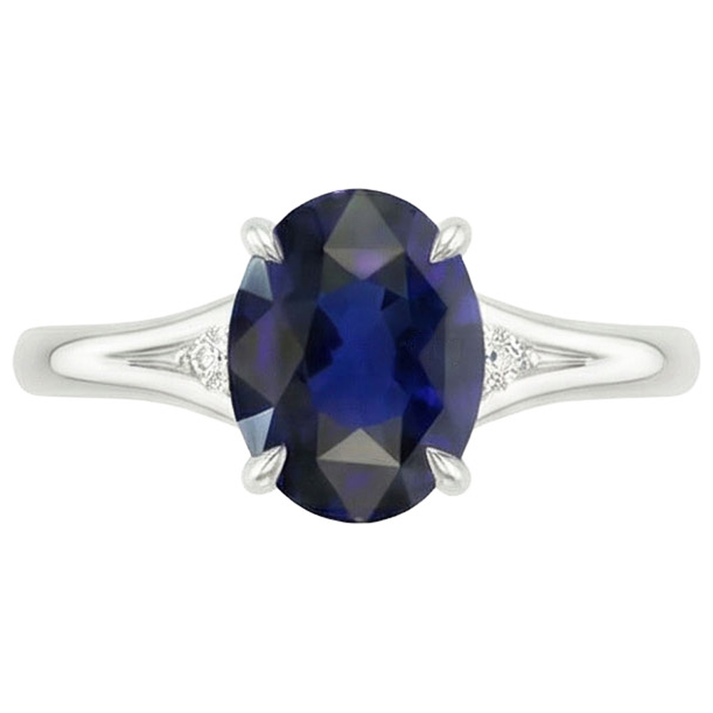 Anello a tre pietre con gambo diviso in zaffiro dello Sri Lanka ovale da 2,75 carati
