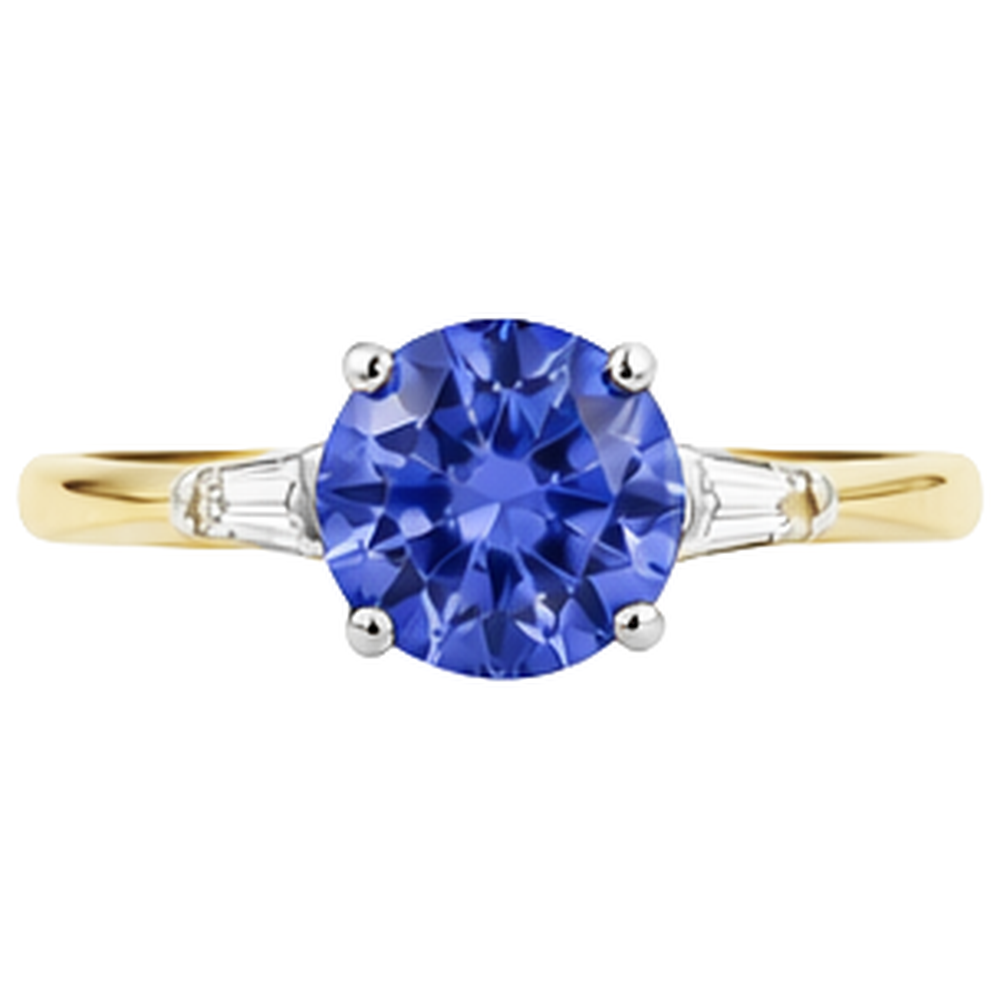 Anello a tre pietre con tanzanite e diamanti baguette da 2.55 carati 14K