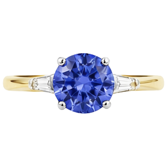 Anello a tre pietre con tanzanite e diamanti baguette da 2.55 carati 14K