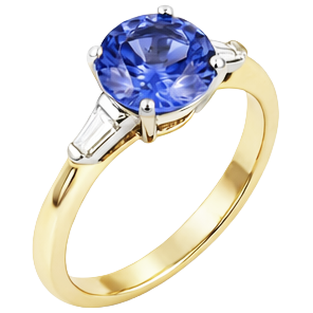 Anello a tre pietre con tanzanite e diamanti baguette da 2.55 carati 14K