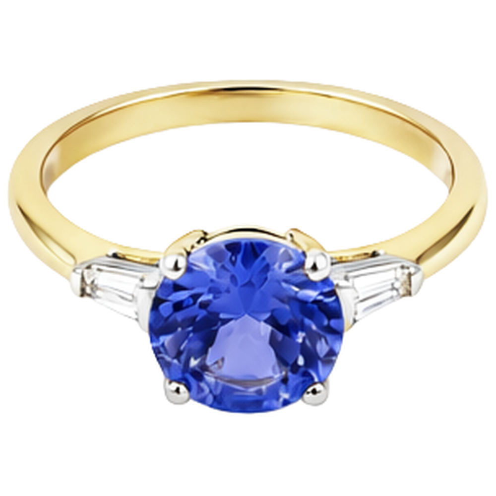 Anello a tre pietre con tanzanite e diamanti baguette da 2.55 carati 14K