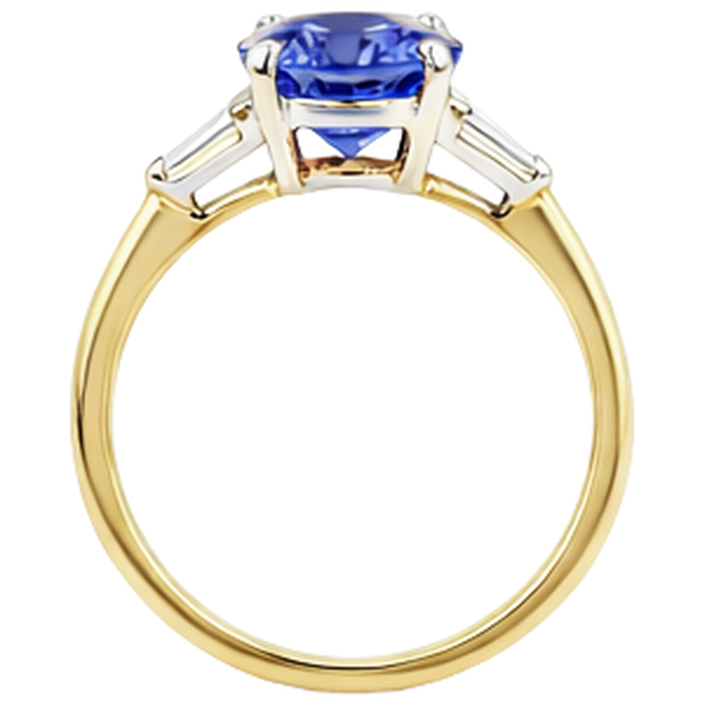 Anello a tre pietre con tanzanite e diamanti baguette da 2.55 carati 14K