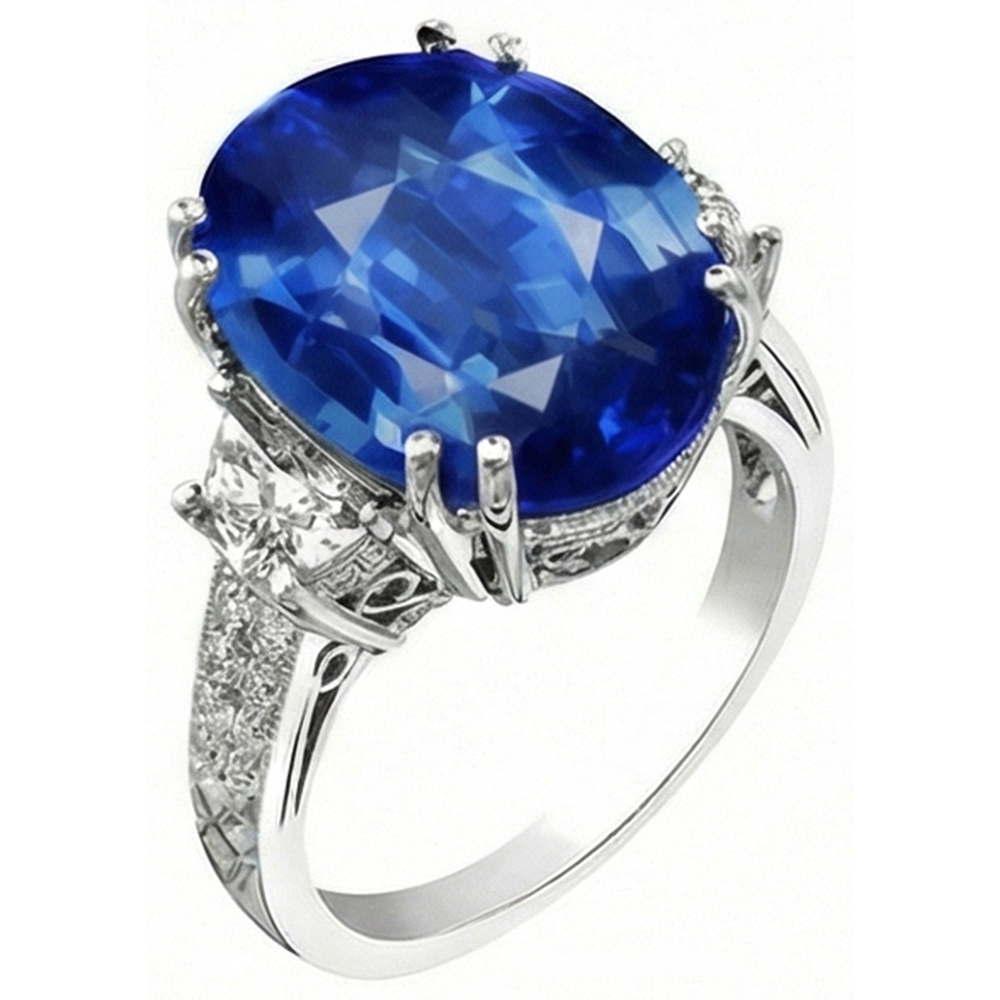 Anello anniversario con zaffiro blu ovale Sri Lanka da 3 carati e diamanti in oro bianco 14K