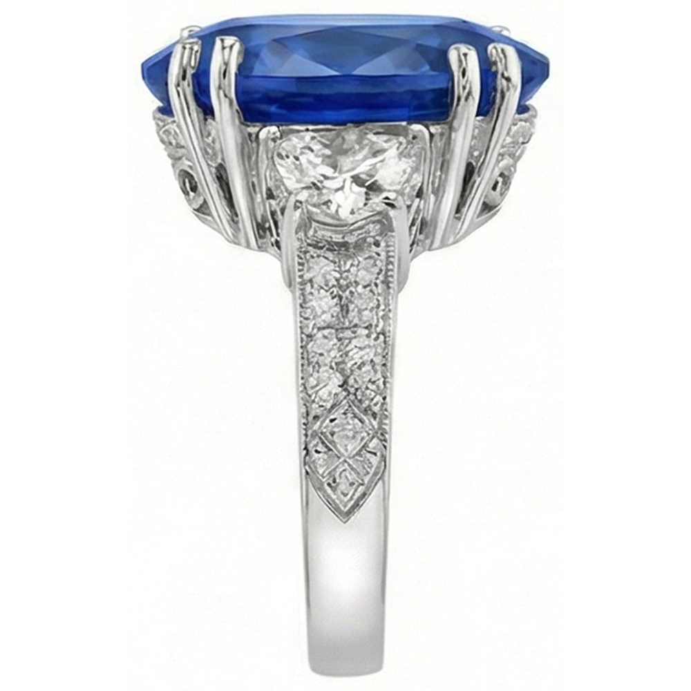 Anello anniversario con zaffiro blu ovale Sri Lanka da 3 carati e diamanti in oro bianco 14K