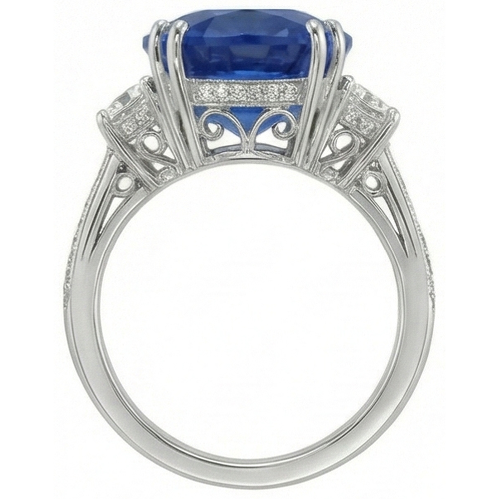 Anello anniversario con zaffiro blu ovale Sri Lanka da 3 carati e diamanti in oro bianco 14K