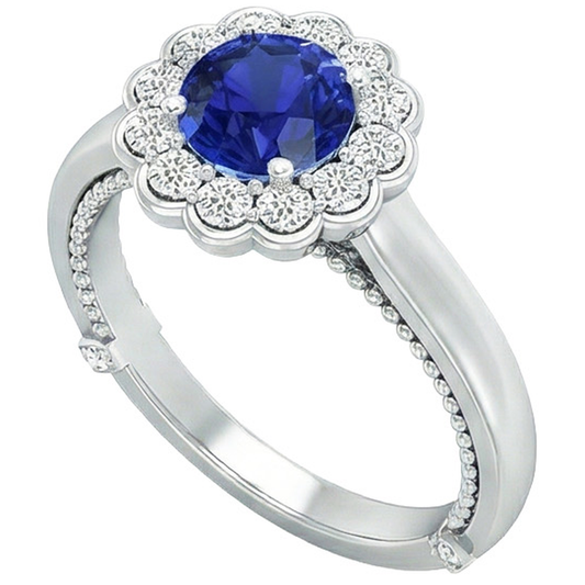 Anello antico stile Halo Flower con zaffiro blu da 2,50 carati e diamante in oro bianco 14 carati