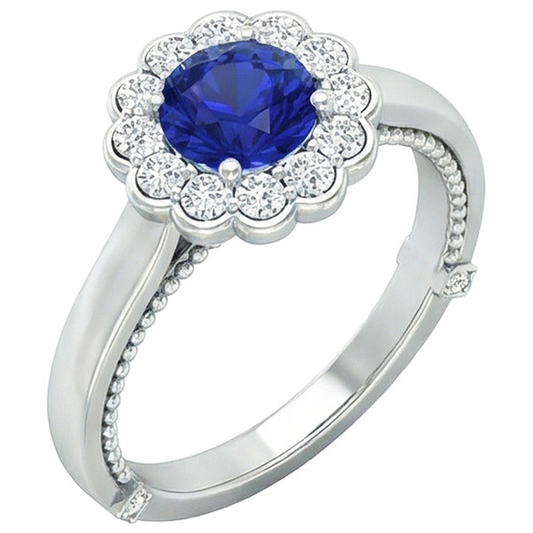 Anello antico stile Halo Flower con zaffiro blu da 2,50 carati e diamante in oro bianco 14 carati
