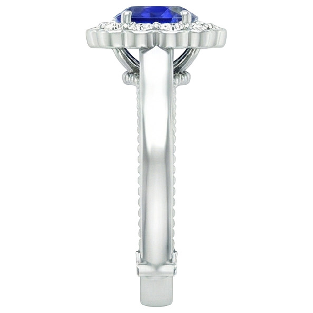 Anello antico stile Halo Flower con zaffiro blu da 2,50 carati e diamante in oro bianco 14 carati