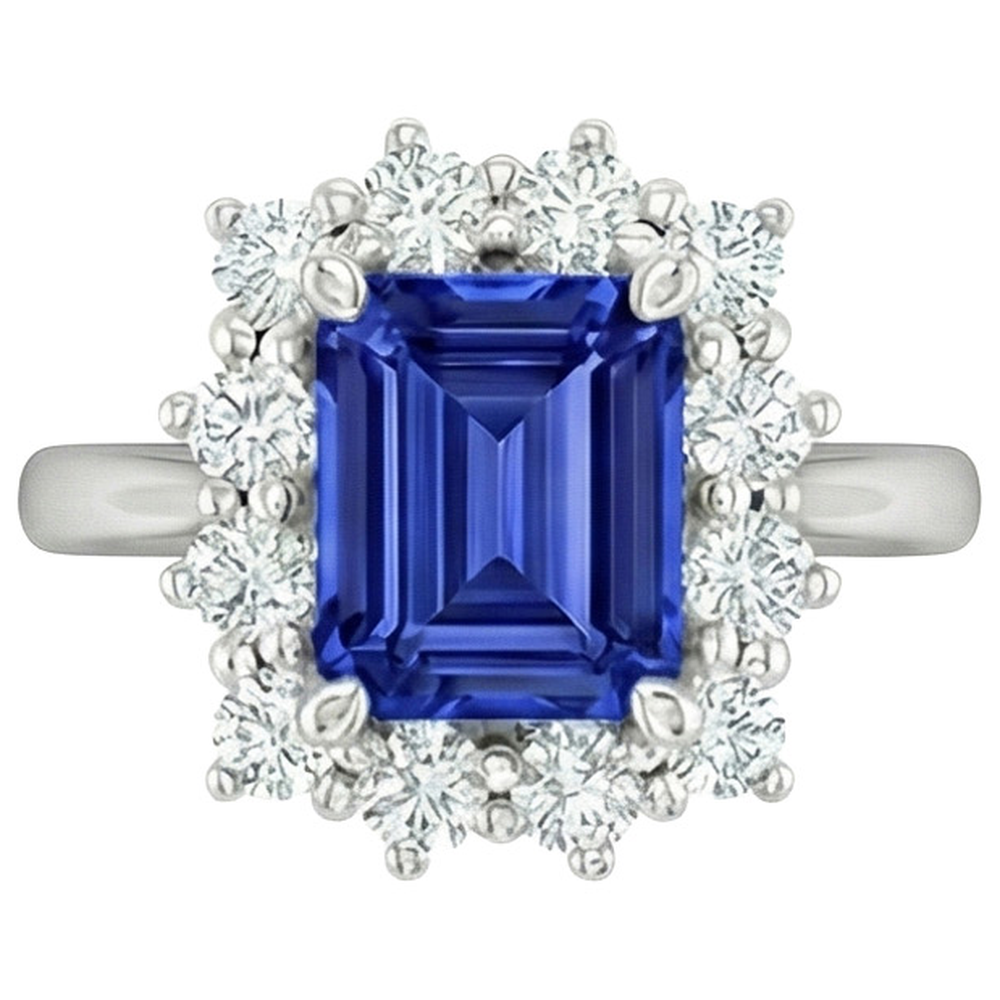 Anello aureola con diamante rotondo stile fiore zaffiro blu smeraldo 4.50 carati