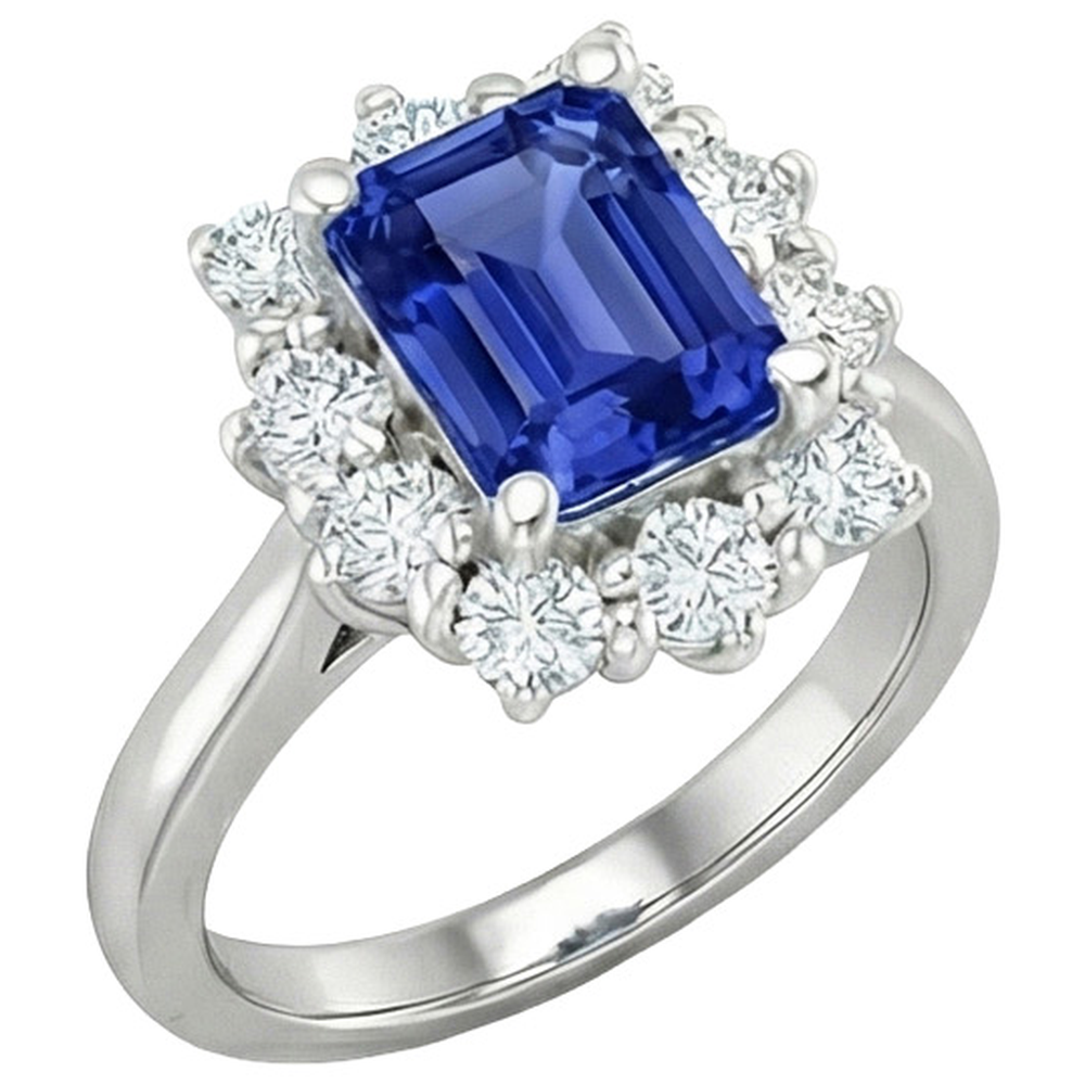Anello aureola con diamante rotondo stile fiore zaffiro blu smeraldo 4.50 carati