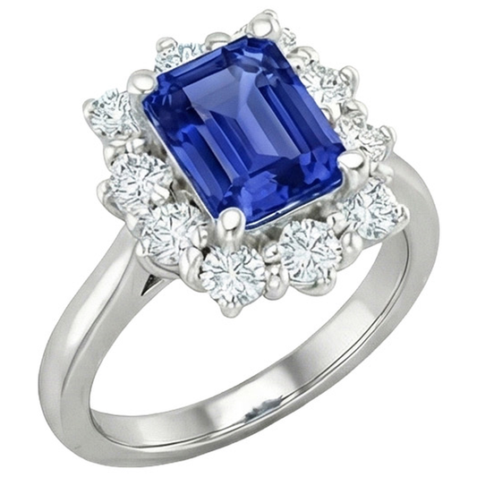 Anello aureola con diamante rotondo stile fiore zaffiro blu smeraldo 4.50 carati