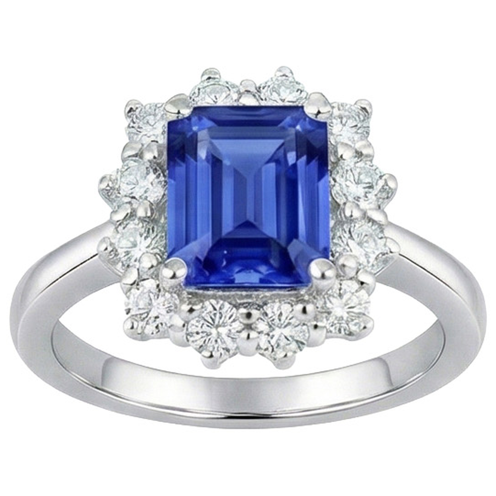 Anello aureola con diamante rotondo stile fiore zaffiro blu smeraldo 4.50 carati