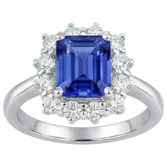 Anello aureola con diamante rotondo stile fiore zaffiro blu smeraldo 4.50 carati