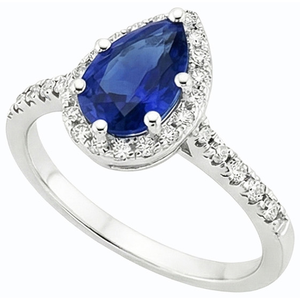 Anello aureola con zaffiro blu taglio pera e diamante 3.50 carati Gioielli da donna