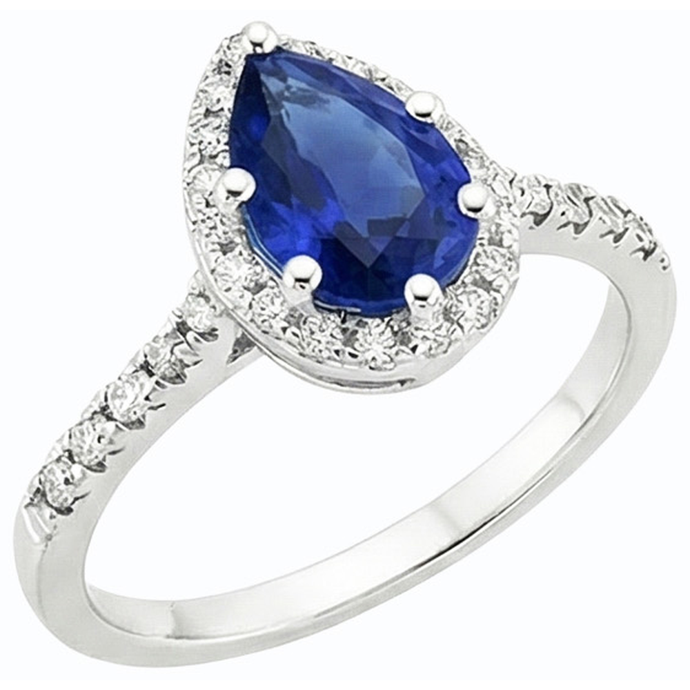 Anello aureola con zaffiro blu taglio pera e diamante 3.50 carati Gioielli da donna