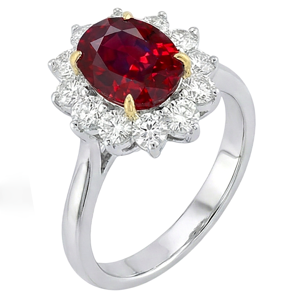 Anello bicolore con rubino ovale da 5.75 ct e diamanti in oro bianco 14k