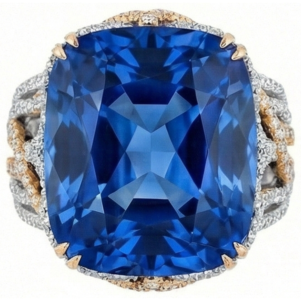 Anello bicolore con zaffiro blu di Ceylon e diamanti da 8.51 ct