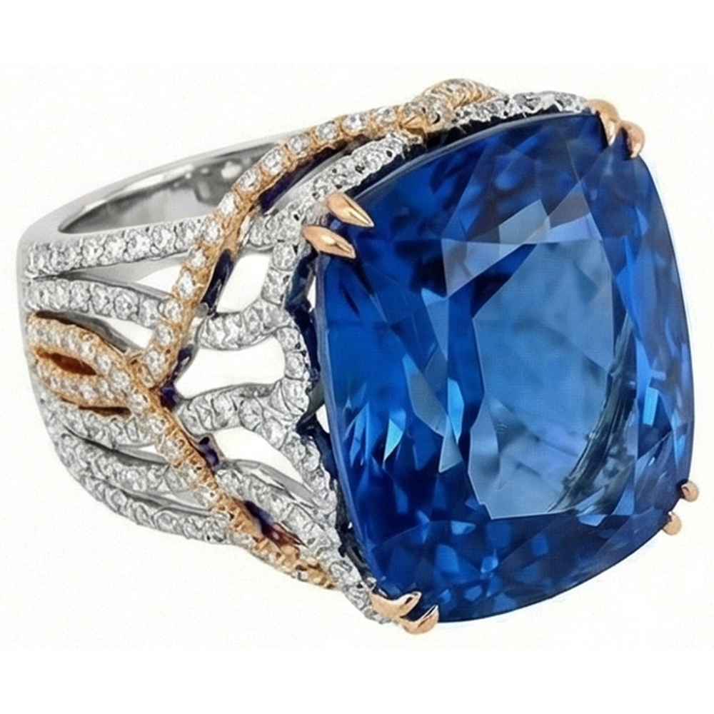 Anello bicolore con zaffiro blu di Ceylon e diamanti da 8.51 ct