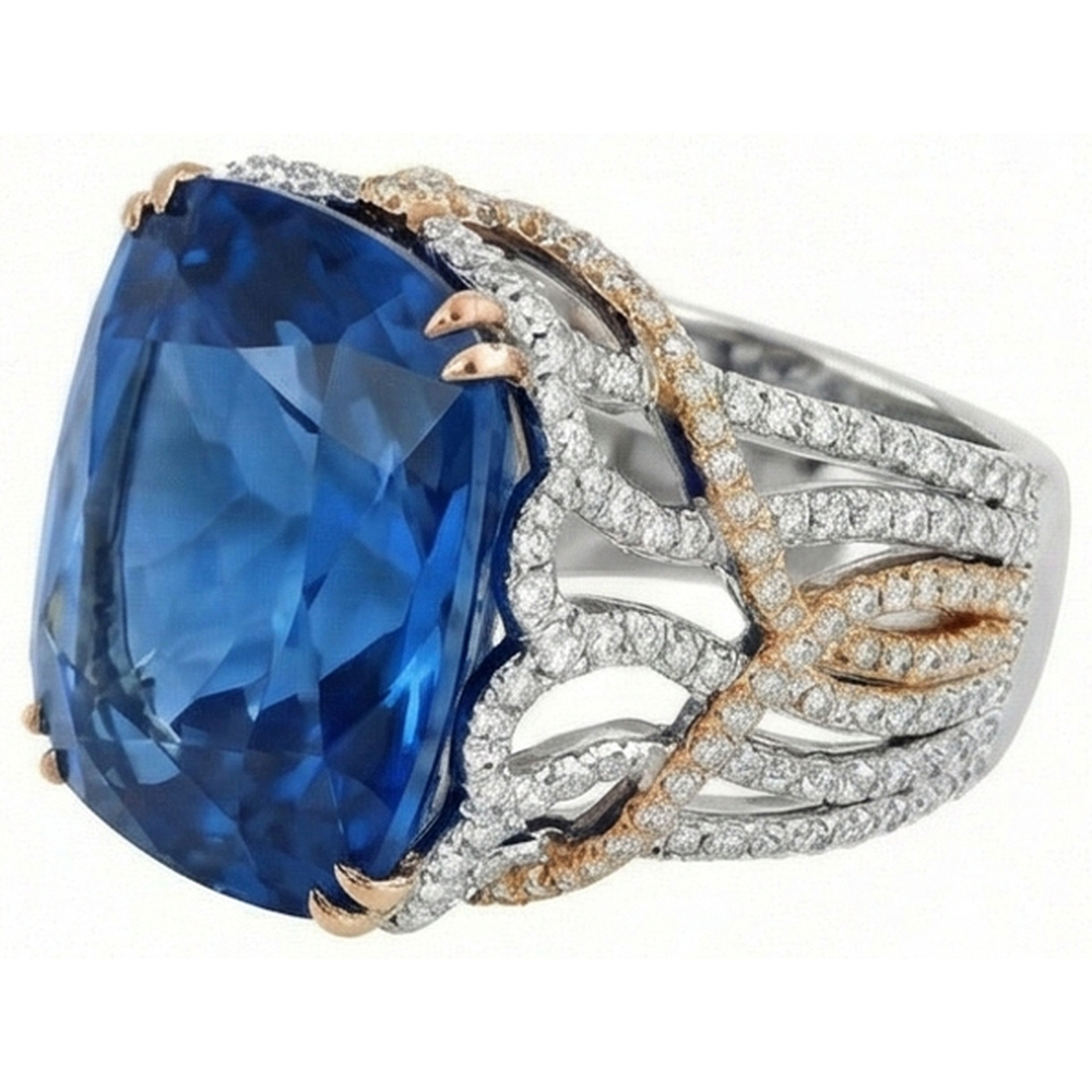 Anello bicolore con zaffiro blu di Ceylon e diamanti da 8.51 ct
