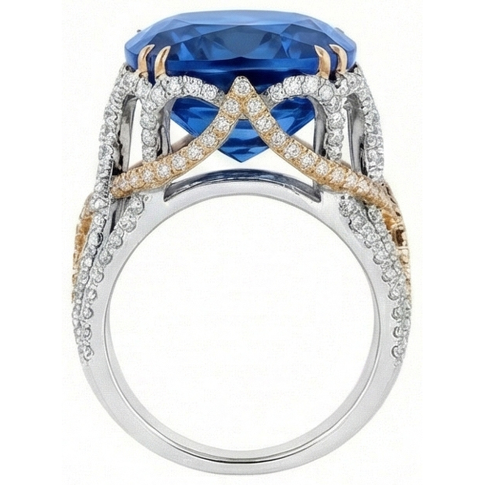 Anello bicolore con zaffiro blu di Ceylon e diamanti da 8.51 ct