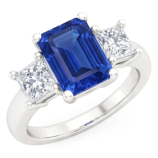 Anello con 1,75 carati smeraldo zaffiro di Ceylon e diamanti Princess 3 pietre