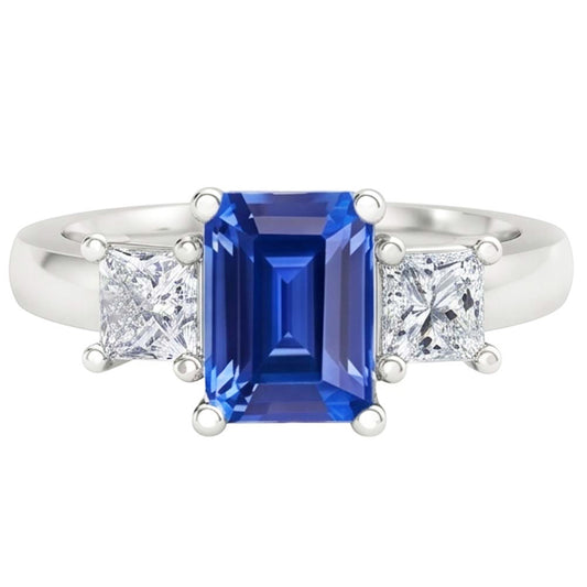 Anello con 1,75 carati smeraldo zaffiro di Ceylon e diamanti Princess 3 pietre