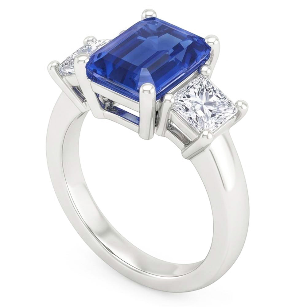 Anello con 1,75 carati smeraldo zaffiro di Ceylon e diamanti Princess 3 pietre