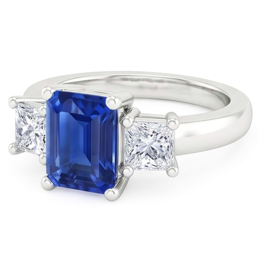 Anello con 1,75 carati smeraldo zaffiro di Ceylon e diamanti Princess 3 pietre