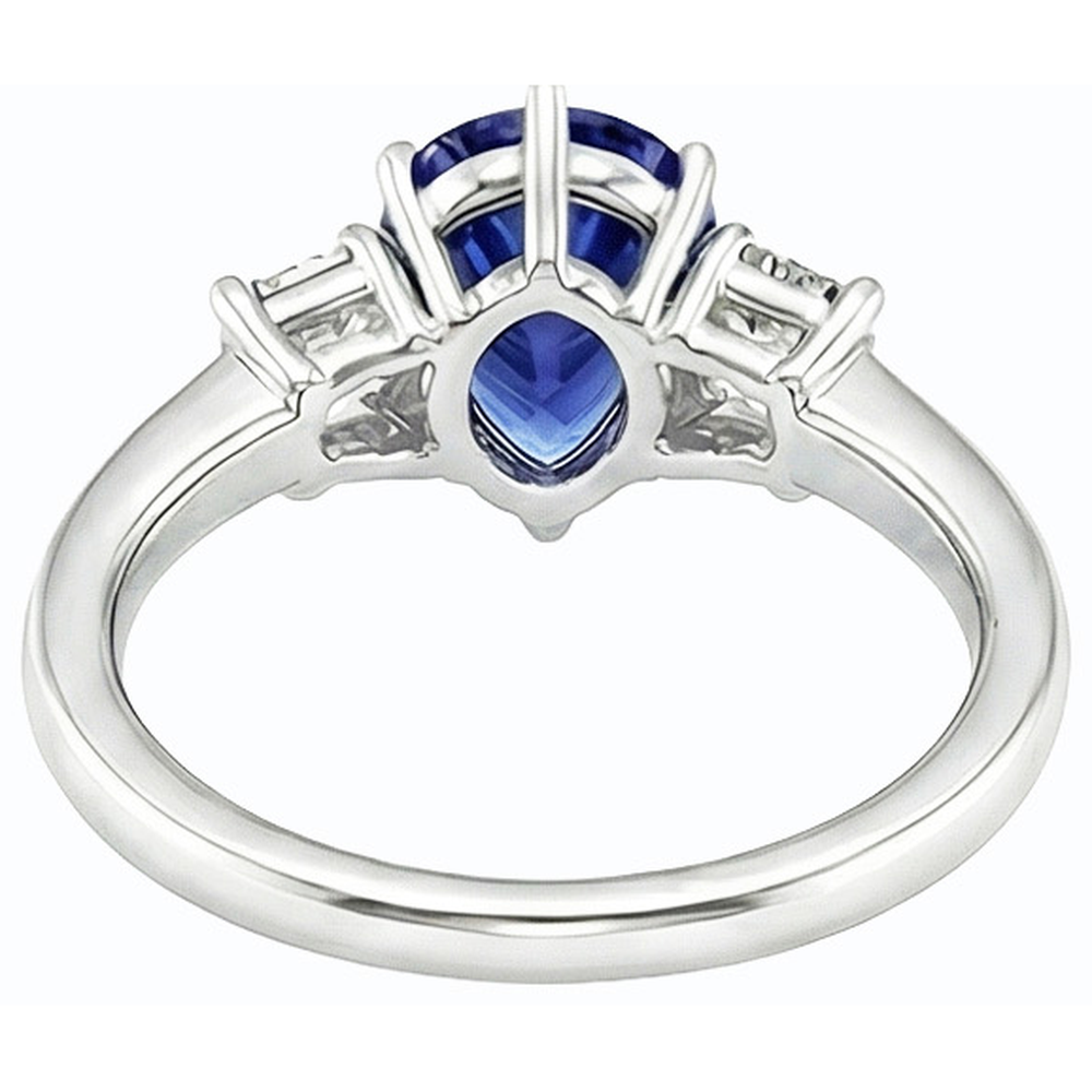 Anello con 2 Carati Pera Zaffiro Sri Lanka e Smeraldo Diamanti Naturali Autentici ( non creati in laboratorio ) Tre Pietre in Oro Bianco 14k