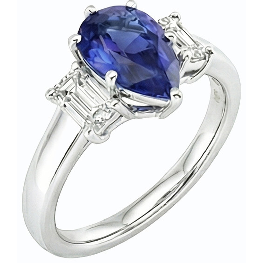 Anello con 2 Carati Pera Zaffiro Sri Lanka e Smeraldo Diamanti Naturali Autentici ( non creati in laboratorio ) Tre Pietre in Oro Bianco 14k