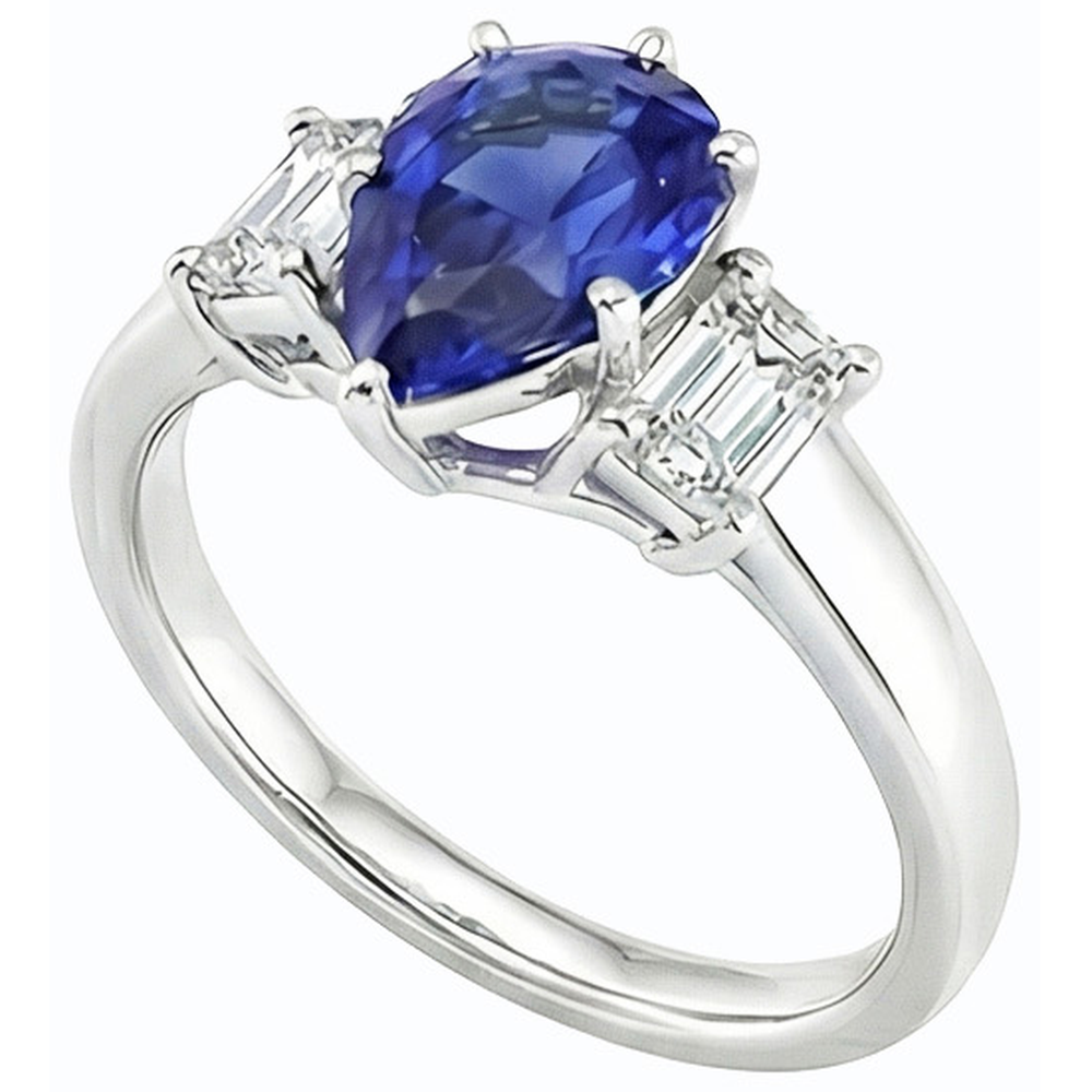 Anello con 2 Carati Pera Zaffiro Sri Lanka e Smeraldo Diamanti Naturali Autentici ( non creati in laboratorio ) Tre Pietre in Oro Bianco 14k