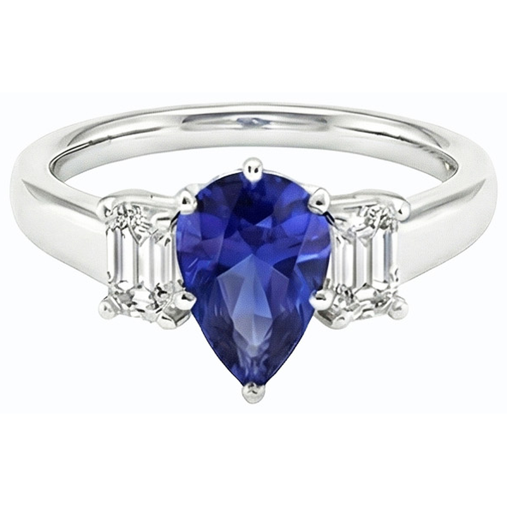 Anello con 2 Carati Pera Zaffiro Sri Lanka e Smeraldo Diamanti Naturali Autentici ( non creati in laboratorio ) Tre Pietre in Oro Bianco 14k