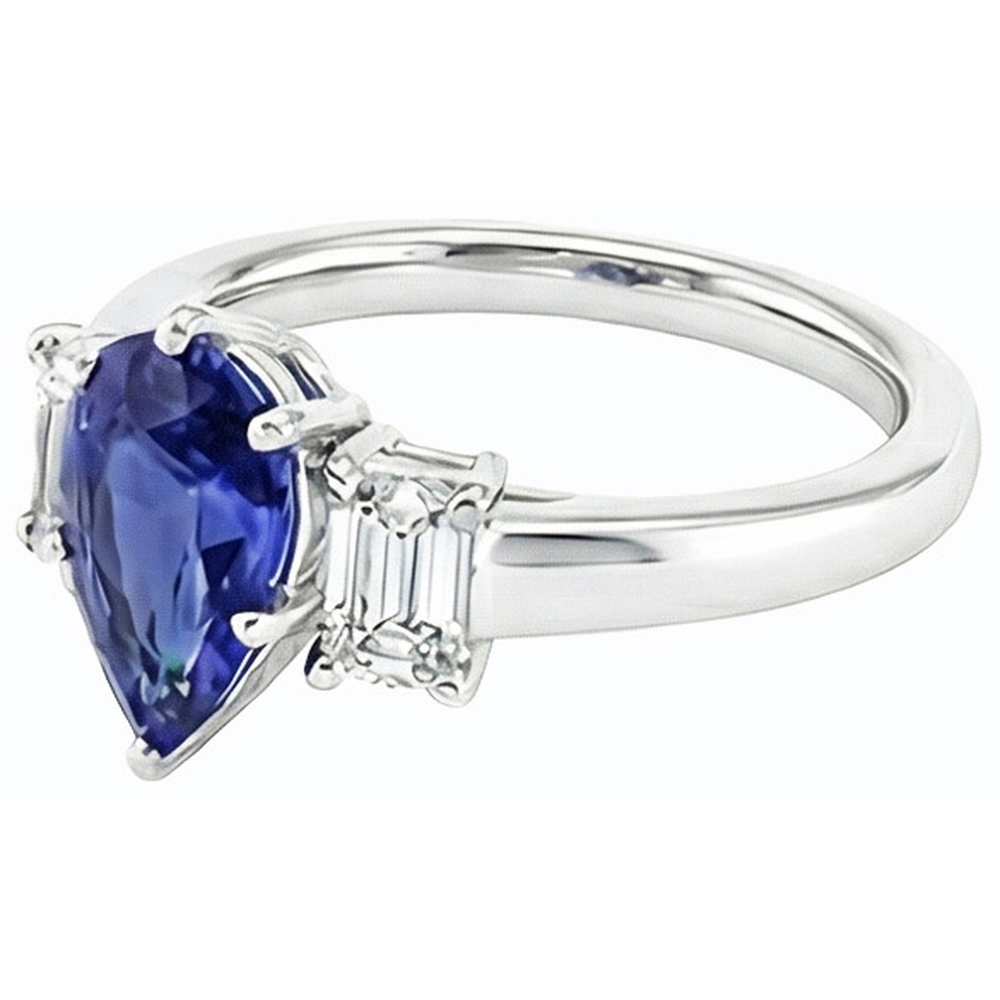 Anello con 2 Carati Pera Zaffiro Sri Lanka e Smeraldo Diamanti Naturali Autentici ( non creati in laboratorio ) Tre Pietre in Oro Bianco 14k