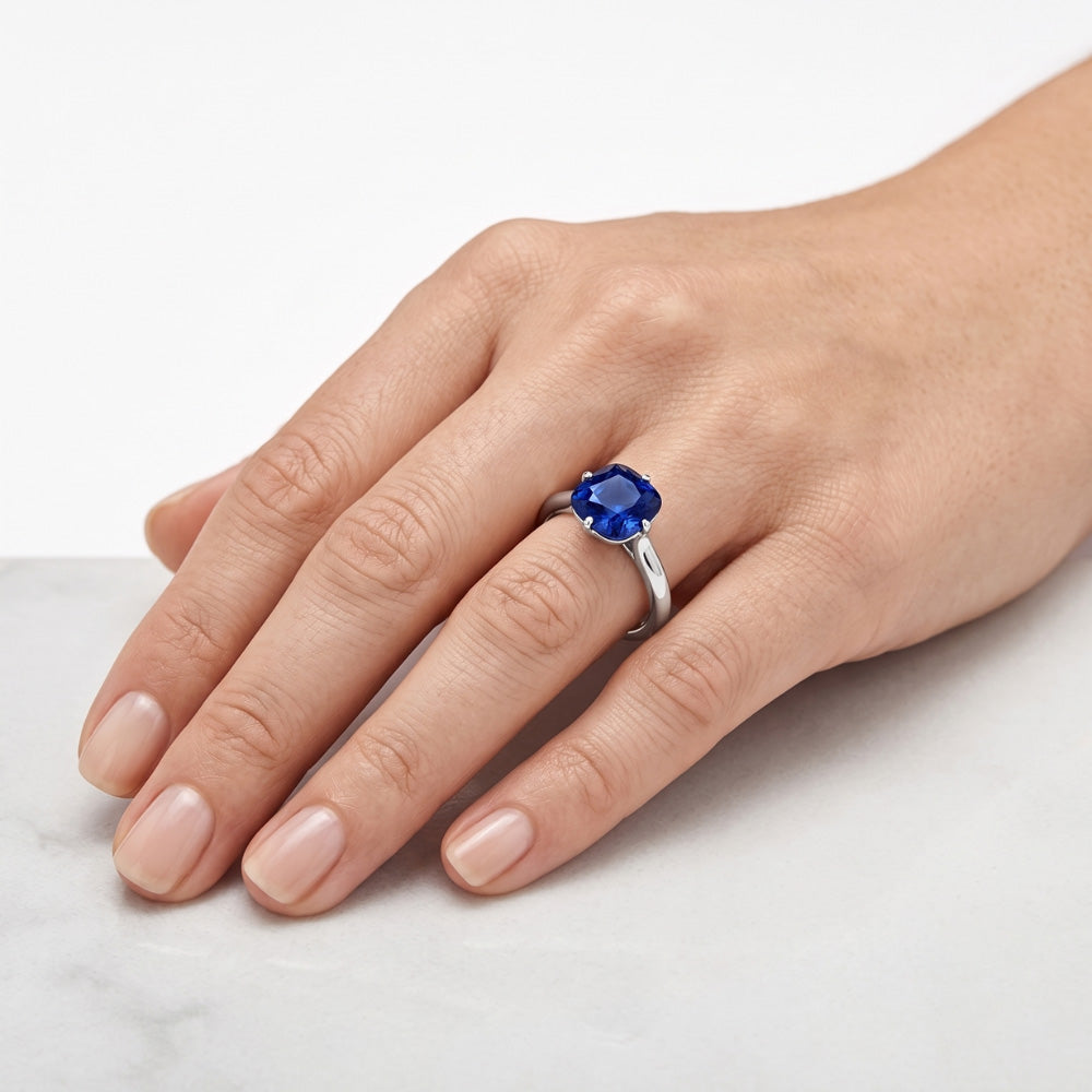 Anello con 2 carati Solitario zaffiro blu in gioielli in oro bianco 14K
