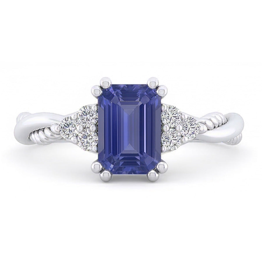 Anello con 2 carati di diamanti a corda intrecciata con zaffiro blu in oro bianco 14K