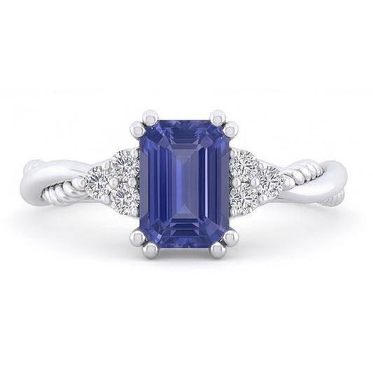 Anello con 2 carati di diamanti a corda intrecciata con zaffiro blu in oro bianco 14K