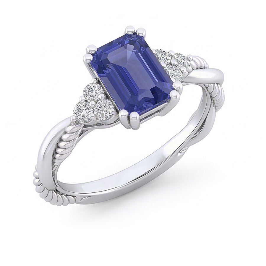 Anello con 2 carati di diamanti a corda intrecciata con zaffiro blu in oro bianco 14K