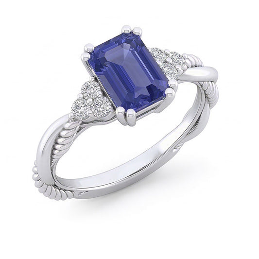 Anello con 2 carati di diamanti a corda intrecciata con zaffiro blu in oro bianco 14K