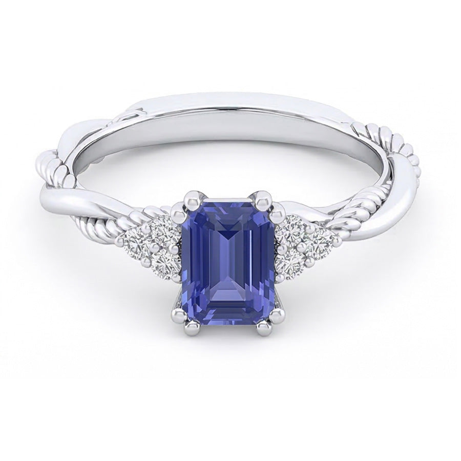 Anello con 2 carati di diamanti a corda intrecciata con zaffiro blu in oro bianco 14K