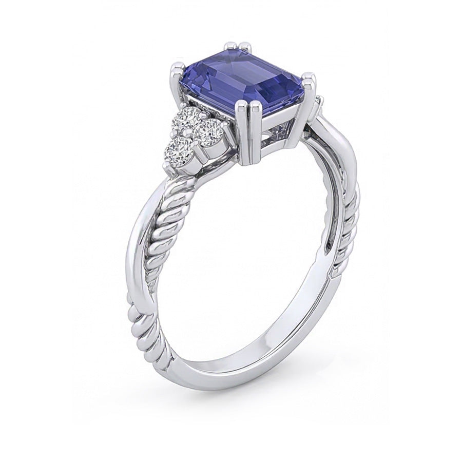 Anello con 2 carati di diamanti a corda intrecciata con zaffiro blu in oro bianco 14K