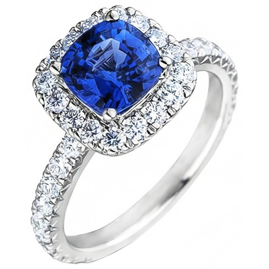 Anello con 2,50 carati di diamanti Ceylon Blue Sapphire Cushion in oro bianco 14 carati