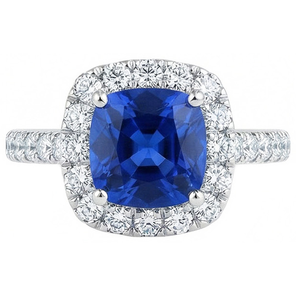 Anello con 2,50 carati di diamanti Ceylon Blue Sapphire Cushion in oro bianco 14 carati