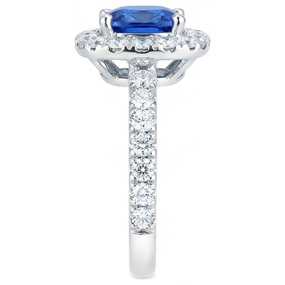 Anello con 2,50 carati di diamanti Ceylon Blue Sapphire Cushion in oro bianco 14 carati