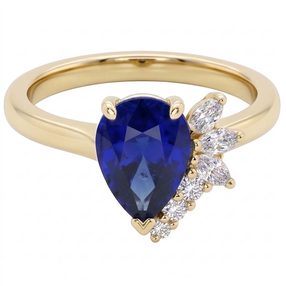 Anello con 2,50 carati di pietra preziosa zaffiro blu tondo e accenti marquise in oro bianco 14K